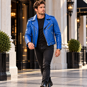 Blouson de motard en cuir d'autruche gaufré pour homme, bleu, clouté, en cuir exotique, veste de luxe pour homme - Product Image 1