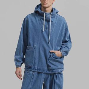 Fabrication sur mesure, faible MOQ, Veste en jean à capuche style streetwear, avec grandes poches, déchirures, épaules tombantes, respirante - Product Image 3