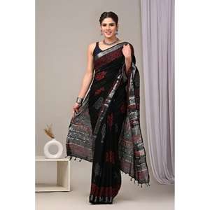 Sari indien imprimé en lin avec chemisier en lin, tissu de qualité supérieure, collection d'exportation de vêtements traditionnels à prix de gros - Product Image 2