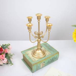 <b>Gold</b> Metal Square <b>Lantern</b> 3 Arms Taper Candle Holder Elegant Tabletop Centerpiece Wedding Dining Room Candlestick Stand - Product Image 2