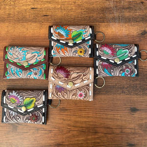 Multifunctional Popular Designer Hand Tooled Leather Small Coin Purse with <b>Keyrings</b> Western Genuine Leather Floral <b>Women</b> Wallets - Product Image 2
