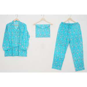 Ensemble de vêtements de détente en coton bleu classique avec motif floral, taille élastique, élégance du lit au brunch pour toutes les saisons, idéal pour l'été - Product Image 1