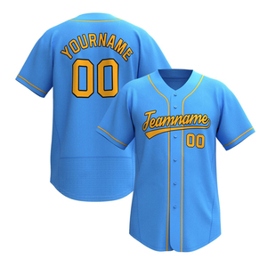 Maillot de baseball bleu clair personnalisé avec bordure jaune, nom et numéro de l'équipe imprimés par transfert thermique, unisexe, manches courtes, respirant - Product Image 1