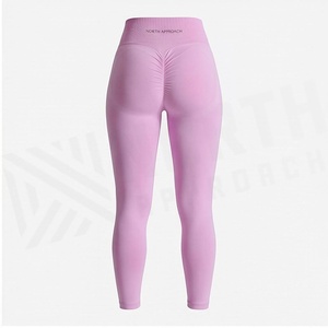 Leggings taille haute sans couture pleine longueur rose uni en Spandex et Polyester, extensibles dans les quatre sens, pour le yoga et les vêtements de sport pour femmes - Product Image 2
