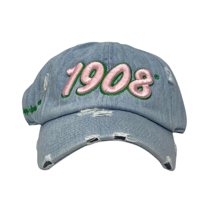 AKA 1908 <b>Light</b> Denim <b>Hat</b> Pink Embroidered Letter Baseball Cap Adjustable Washed Denim Headwear Casual Fashion Vintage Style Cap - Product Image 1