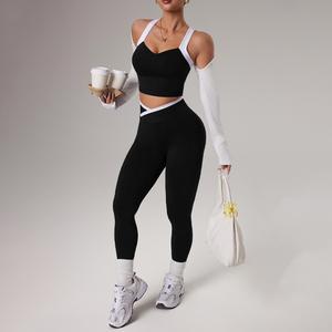 Women's <b>Navy</b> Blue Seamless Sports Bra Leggings <b>Set</b> Contrast Binding Deep V-Neck Crisscross Straps Fitness Activewear Outfit - Product Image 5