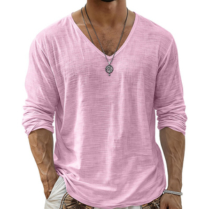 Venta al por mayor de tops de playa para hombre, de punto sólido de 180 g, ligeros, con textura, cuello en V, manga larga, formales, transpirables y de corte ajustado, directamente de fábrica. - Product Image 6