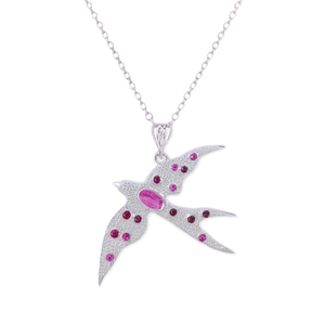 Colgante de Pájaro Esmaltado en Plata de Ley 92.5 con Gran Zafiro Rosa, Estilo Hippie, Regalo para Ella - Product Image 2