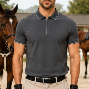 Camiseta de Equitación Profesional para Entrenamiento y Competición, Manga Corta, Media Cremallera, Diseño con Patrón, Tejido Elástico, Capa Base Ecuestre - Product Image 1
