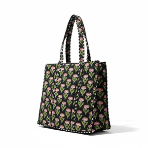 <b>Quilted</b> Cotton Tote Bag for Women-Hand Block Print Black for Pink Floral Waterproof Animal Print - Product Image 1