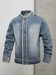 Design Your Own Men's Winter Waterproof Quick Dry Denim Jacket Turn-down Collar <b>Covered</b> <b>Buttons</b> Medium Wash Solid Pattern OEM - Product Image 2