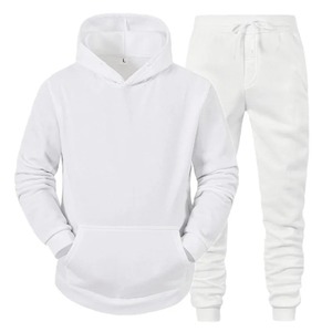 Conjunto de Sudadera con Capucha y Pantalones Blancos Unisex, Chándal Informal de Color Sólido, Manga Larga, Cierre con Cordón, Corte Regular, Ropa de Otoño - Product Image 1