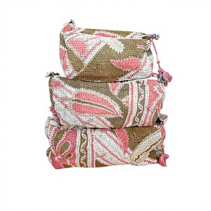 100% Pure Cotton Kantha Fabric Tassel Pattern Zipper Closure Eco-Friendly Durable Lightweight Multi-Purpose Large Makeup Bag - Product Image 1