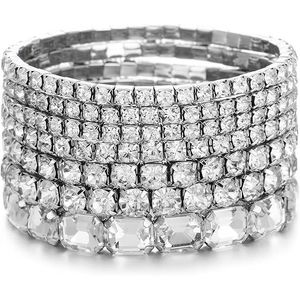 Set di 7 Braccialetti Elastici con Cristalli per Donna, Bracciali Impilabili con Strass per Sposa, Matrimonio e Feste Serali - Product Image 1
