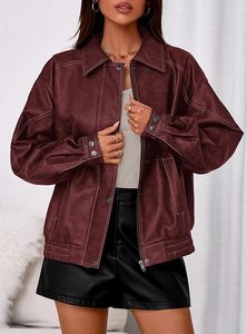 Veste moto en cuir véritable rouge pour femme, manches longues, fermeture éclair, col montant, style automne - Product Image 2