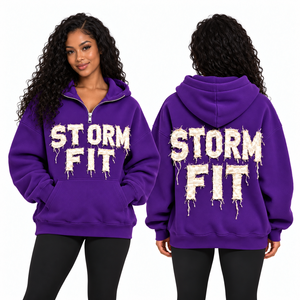 Sweat à capuche demi-zip pour femme, bordeaux clair, coupe Storm Fit, avec appliqué lettres, épaules tombantes, poche kangourou, en polaire décontractée, style streetwear, coupe-vent - Product Image 5
