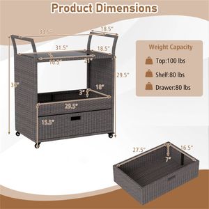 Carrello Bar da Esterno in Rattan PE Intrecciato a Mano con Piano in Vetro Temperato e Cassetto, 4 Ruote con Freni, Carrello di Servizio per Arredamento da Giardino - Product Image 4