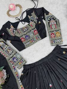 Ensemble Lehenga Choli brodé noir pour femmes, robe ethnique pakistanaise, sans plis, séchage rapide, tenue de fête de mariage - Product Image 5
