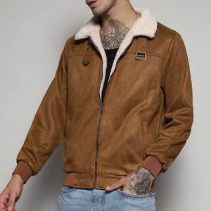 Men's Brown Suede Bomber <b>Jacket</b> <b>With</b> Sherpa <b>Lining</b> Zipper Closure Casual Winter <b>Jacket</b> Thick <b>Fleece</b> Lined Outerwear - Product Image 2