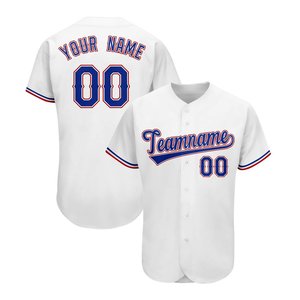 Camiseta de Béisbol Blanca Personalizada con Ribete Azul y Rojo, Nombre del Equipo y Número del Jugador Personalizados, Fabricante de Ropa Deportiva con Botones - Product Image 1