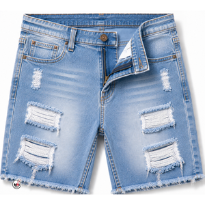 <b>High</b> Quality Mens Ripped Denim Shorts Quick Dry Casual Style 100% Cotton Breathable Woven Fabric Bermuda Mid Waist Button Fly - Product Image 6
