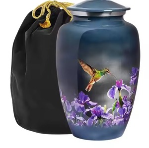 Urne funéraire en métal écologique pour cendres humaines, motif colibri rouge royal et fleur d'iris, avec sac en velours noir - Product Image 4