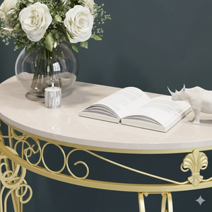 โต๊ะคอนโซลลายสลักสีทองสุดหรู – โต๊ะทางเข้าสไตล์วินเทจทำจากโลหะพร้อมท็อปหินอ่อนสีขาว - Product Image 3