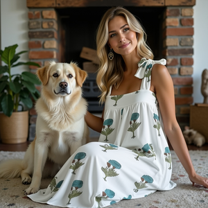 Maxi vestido de algodón sin mangas bohemio con tirantes en los hombros escote cuadrado azul verde estampado floral que fluye suelto verano - Product Image 1