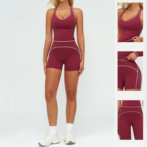 Burgundy Seamless 2-Piece Yoga Set Mid Waist Shorts <b>Crop</b> <b>Top</b> Racerback Solid Color Contrast Stitch Four-Way Stretch Breathable - Product Image 6
