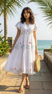 White Floral Embroidered Cotton Midi <b>Dress</b> V-Neck <b>Ruffle</b> Sleeve A-Line Loose Fit Casual Summer Wear - Product Image 5