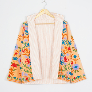 Women Velvet Embroidered <b>Jacket</b> <b>Mandarin</b> <b>Collar</b> Lantern Sleeve Floral Boho Style Autumn Coat Handmade Suzani Pattern - Product Image 2