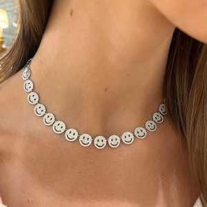 10k 14k 18k Gold Smiley Face Necklace Statement Collar F VS Round Cut Lab Grown Diamond Pave Curved <b>Choker</b> Jewelry For Women - Product Image 4