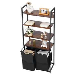 4 Tiers Tall Laundry Sorter 600D Polyester Hamper with Shelves and Hooks 2 Section Freestanding <b>Basket</b> Organizer <b>Storage</b> - Product Image 1