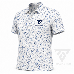 เสื้อโปโลพิมพ์ลายดอกไม้สีขาวน้ำเงินสำหรับผู้ชาย แบรนด์ Trackstar แขนสั้น คอปกติดกระดุม สไตล์ลำลอง เหมาะสำหรับตีกอล์ฟ รับสกรีนโลโก้ - Product Image 4