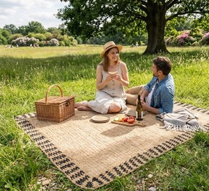 Tapis rectangulaire en jonc de mer naturel, tissé à la main, avec bordure à pompons noirs, pour salon, chambre, entrée, pique-nique - Product Image 6