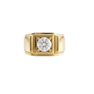 Anillo de Moissanita Chapado en Oro Amarillo de 14K para Hombre, Corte Brillante Redondo, Engaste de Garras, Banda de Compromiso Geométrica, Estilo Clásico - Product Image 1