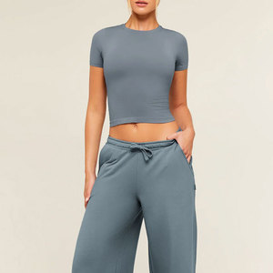 Fitness Clothing Yoga Crop <b>Top</b> T-Shirt High Stretchable <b>Sweat</b> Wicking Solid Color Women's Wear Workout T-Shirt For Sale - Product Image 3