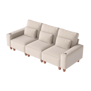 Modern Comfortable 3-Seater Chenille Deep Seat <b>Sofa</b> Brushed Stainless Steel Cup Holders 3 Decorative <b>Pillows</b> for Living Room - Product Image 1