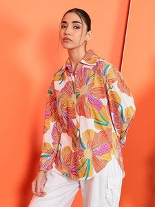 Women's Sunset Floral Oversized Cotton Shirt – Casual Vacation Wear with <b>Balloon</b> Sleeves & Button-Down Front - Product Image 3
