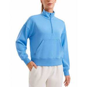 Sudadera de mujer azul claro con media cremallera, forro polar premium de alto gramaje, estilo oversize, para estar en casa, con bolsillo canguro - Product Image 1