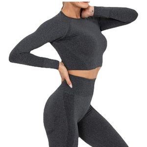Conjunto de yoga acanalado de 2 piezas con orificios para los pulgares, manga larga, cintura alta y control de abdomen, color gris oscuro - Product Image 4