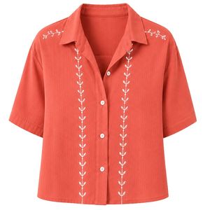 Customized Coral Embroidered Women Crop Shirt Short Sleeve Button Down Casual Summer Blouse Custom Logo <b>Linen</b> Blend Fashion <b>Top</b> - Product Image 1