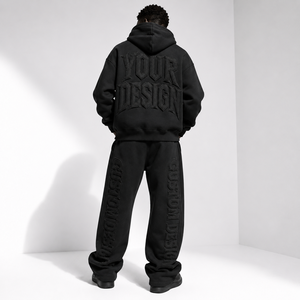 Custom Unisex <b>Black</b> Tracksuit Set 3D Embroidered Logo Streetwear Hooded Sweatshirt & <b>Pants</b> Full Length Loose Fit Adult - Product Image 4