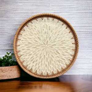Elegant Pearl Inlay Rattan <b>Decorative</b> Tray Iridescent <b>Mother</b> of Pearl Mosaic Organizer for Home, Dining & Vanity <b>Decor</b> - Product Image 1