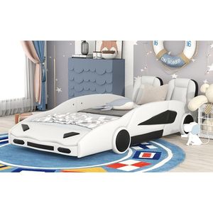 Letto a piattaforma a forma di auto da corsa bianco, singolo, con ruote, per camerette dei bambini - Product Image 4