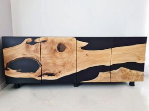 Buffet Modulaire Moderne en Bois Massif, Design Rivière d'Époxy, Fait Main, Style Ferme, Meuble de Chambre et d'Appartement, 4 Tiroirs, Bord Naturel, pour Studio - Product Image 1
