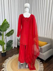 Conjunto de Salwar Kameez Rojo Bordado en Poliéster, Largo hasta el Suelo, para Mujer, Vestido Étnico para Fiesta, Diwali, Graduación, Boda - Product Image 2