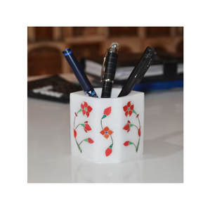 Marble Pen Holder Organizer Luxurious Office Accessories Rectangular 2 Pieces Marble Flower Design Pen Holder Unique - Product Image 2