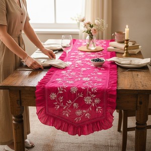 Indian Hand Embroidered Floral Chikankari <b>Table</b> <b>Runner</b> Luxury Furnishings for Home Hotels Restaurant Customization available - Product Image 2
