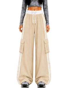 Pantalon de jogging cargo beige à jambes larges pour femme, taille haute, avec cordon de serrage, poches latérales, style streetwear décontracté, coupe ample - Product Image 1